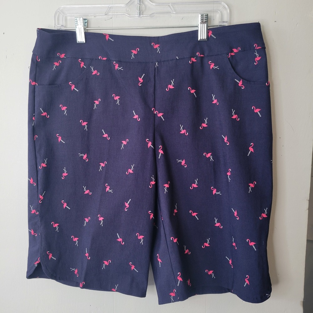 Jessica Riley Navy Pink‎ Flamingo Print Bermuda Shorts 1X New Preppy Golf Luxury